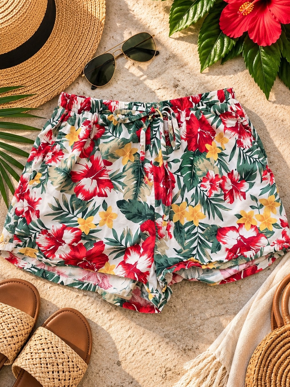 Lulus Tropical Floral Paperbag Waist Shorts S Red Hibiscus Tie Belt